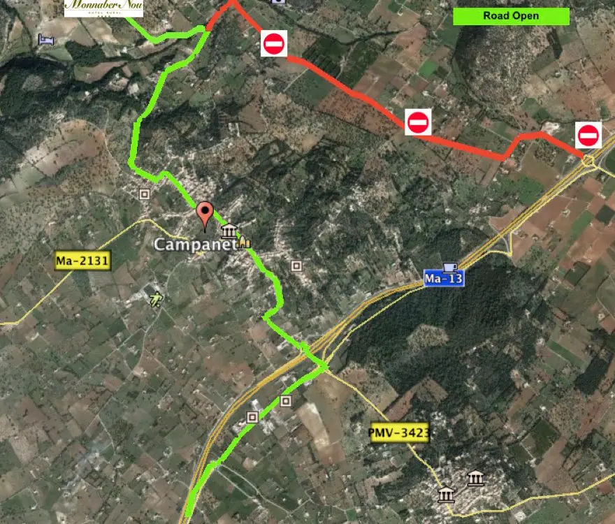 Attention! Pour les rénovations du 12/11/18 au 15/12/18 sur la route menant à l’hôtel depuis la sortie 37, nous vous recommandons la sortie 35 de l’autoroute Palma Alcudia, en traversant le village de Campanet. - mapa monnaber obras 2 - Hotel Rural Monnaber Nou Mallorca
