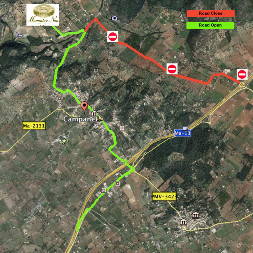 Attention! For renovations from 12/11/18 to 12/15/18 on the road to access the hotel from exit 37 motorway Palma/Alcudia, we recommend the exit 35 of the motorway Palma Alcudia, crossing the village of Campanet. How to get to the Hotel Rural Monnaber Nou - mapa monnaber obras 2 - Hotel Rural Monnaber Nou Mallorca